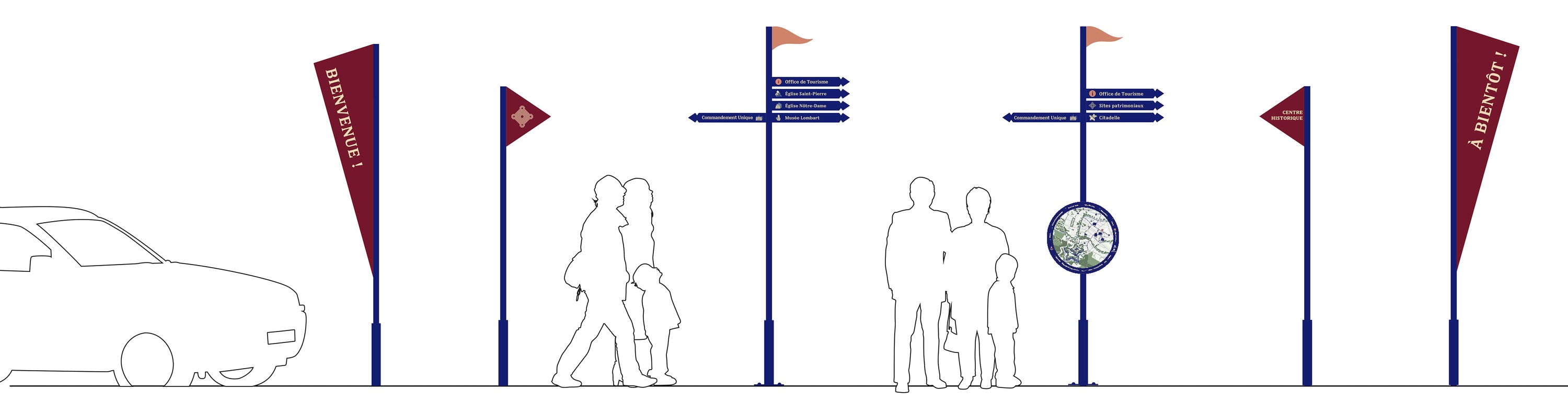 Famille de mobiliers de signalétique piétonne pour une orientation claire efficace et harmonieuse 
