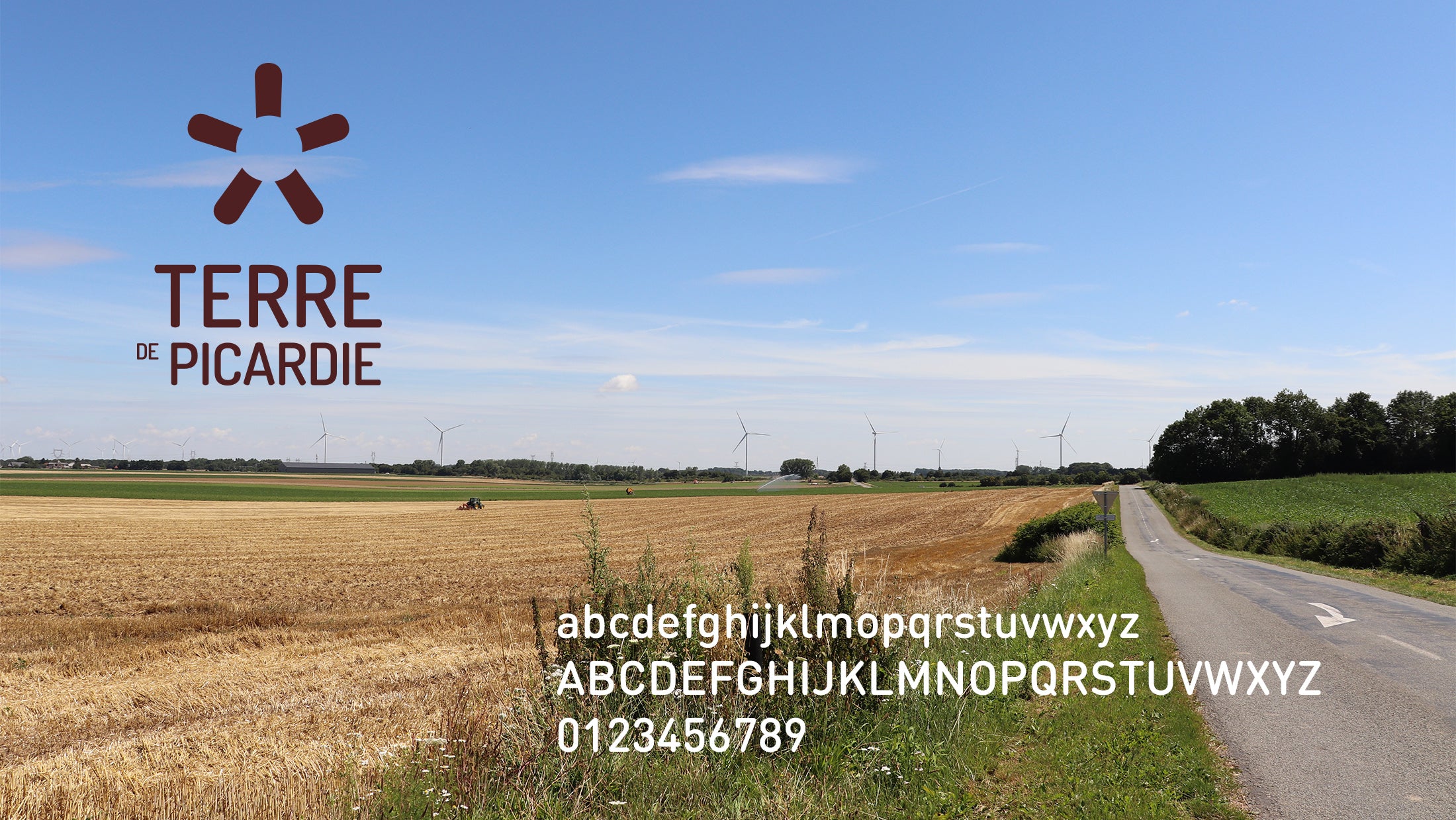 Paysage rural petites ville de demain avec logo Terre de Picardie et typographie de la charte graphique intercommunale