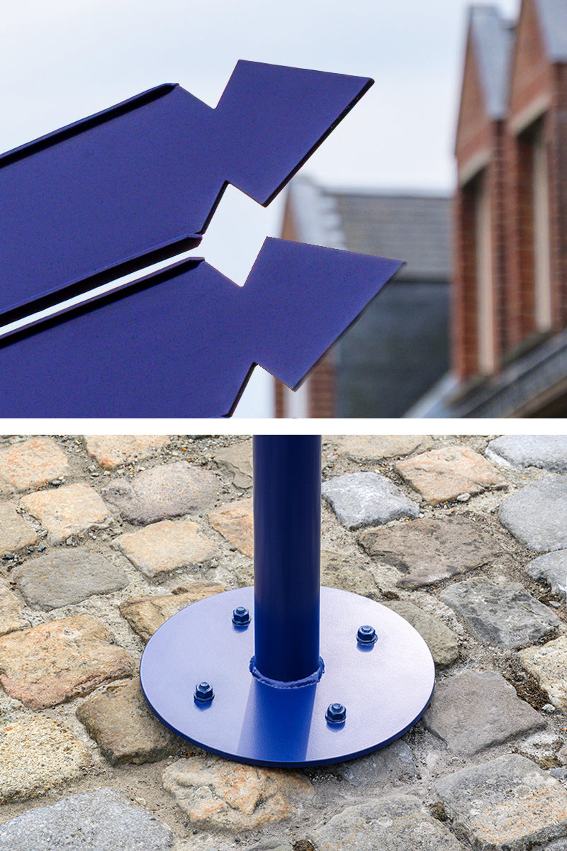 Lames directionnelles piétonnes aux pointes en losange rappelant les bastions de la citadelle et socle contemporain concentrique au sol